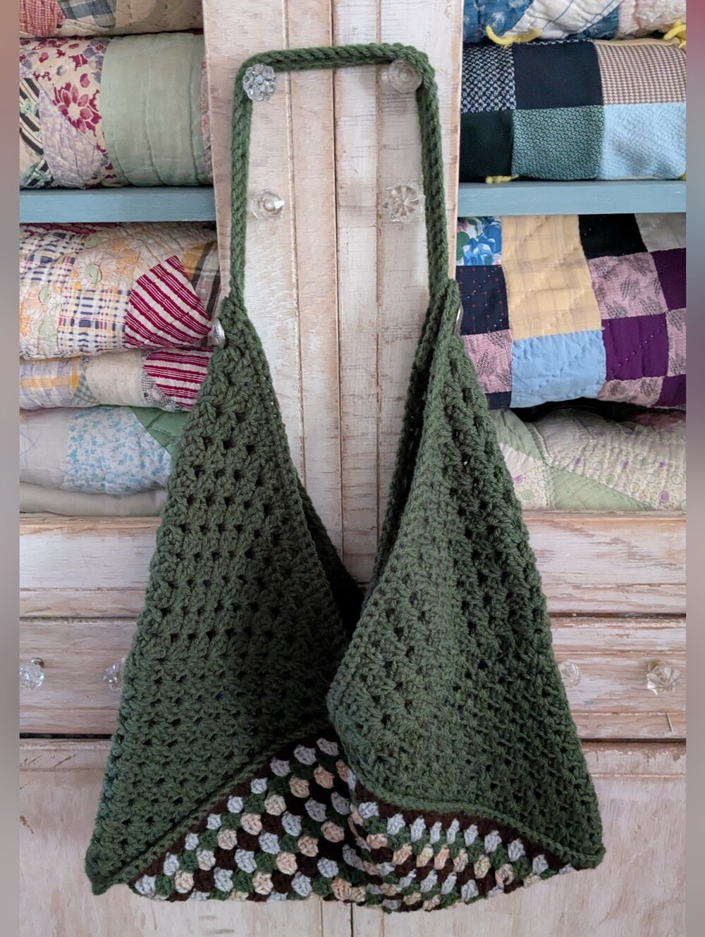 Handmade Olive Green Granny Square Crochet Shoulder Bag